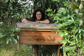 Janet with her Top Bar hive